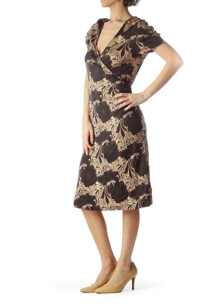 Black Brown Floral Print Wrap Dress