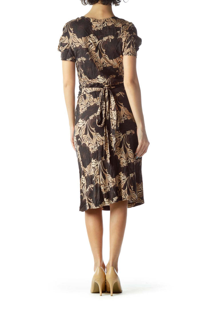 Black Brown Floral Print Wrap Dress