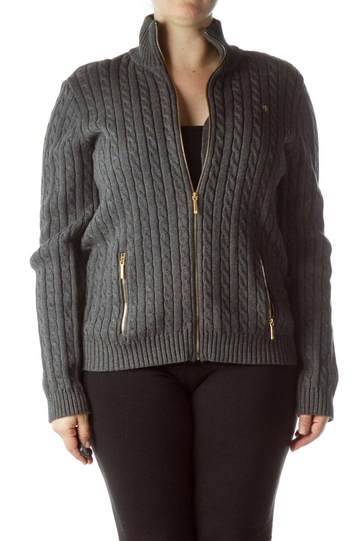 Gray Gold Zippers 100% Cotton Cable-Knit Sweater