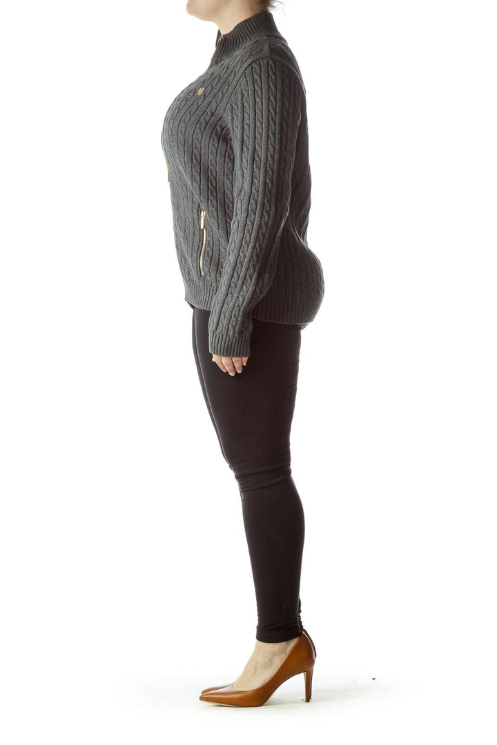 Gray Gold Zippers 100% Cotton Cable-Knit Sweater