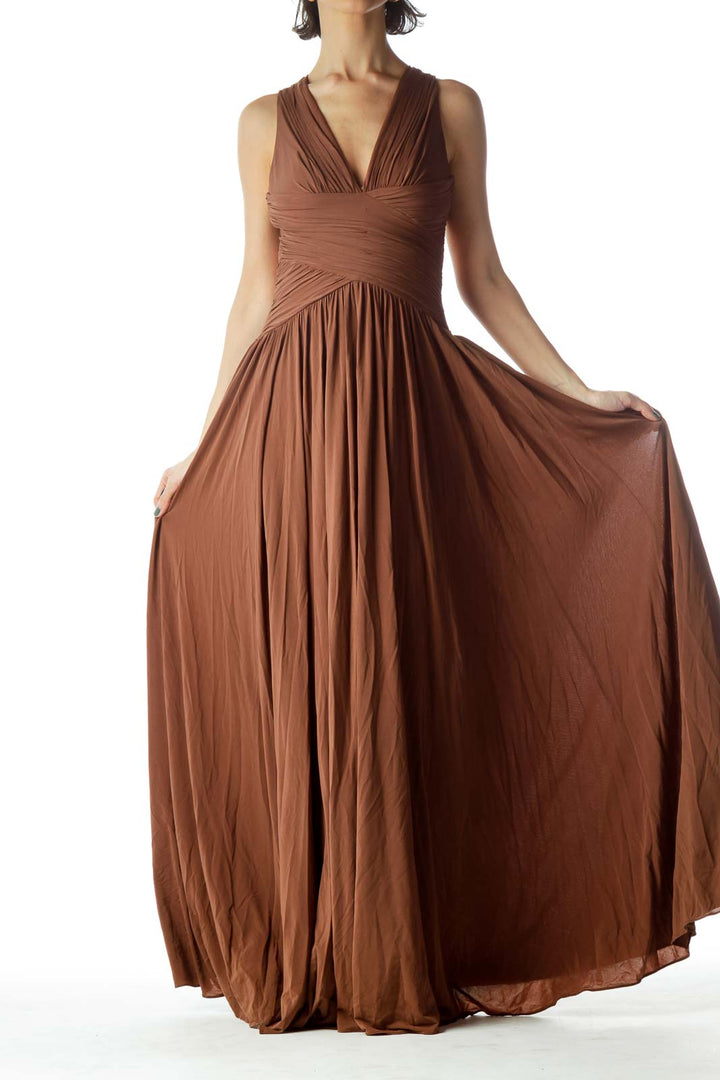 Brown V-Neck Sleeveless Flared Dress