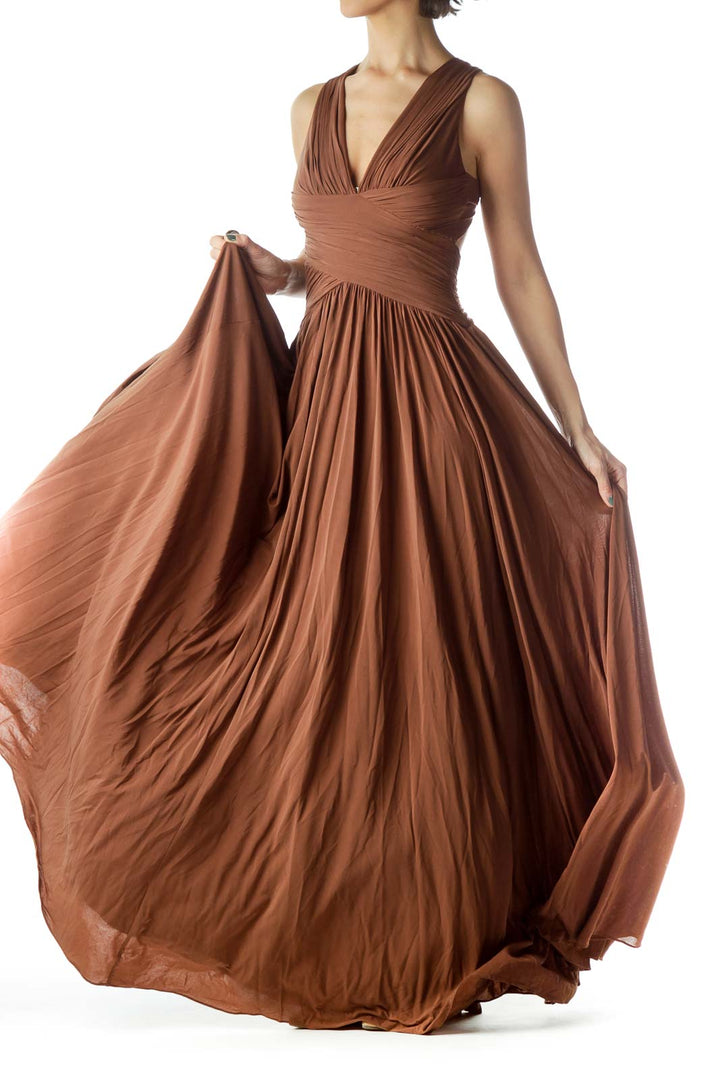 Brown V-Neck Sleeveless Flared Dress