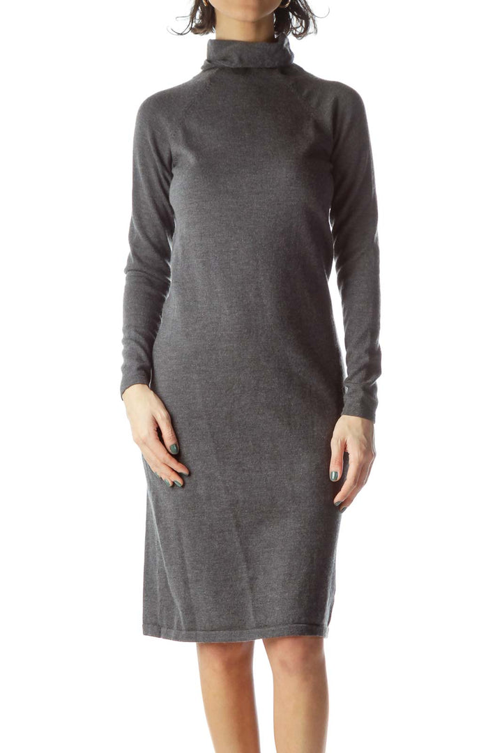 Gray Turtle Neck Long Wool Dress