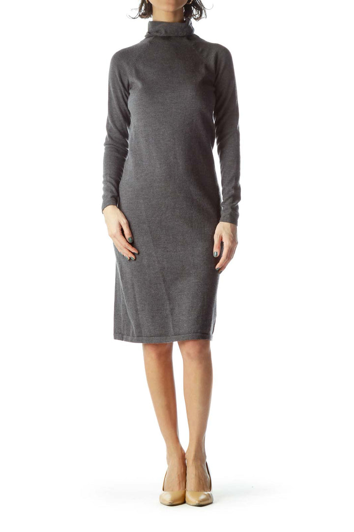 Gray Turtle Neck Long Wool Dress