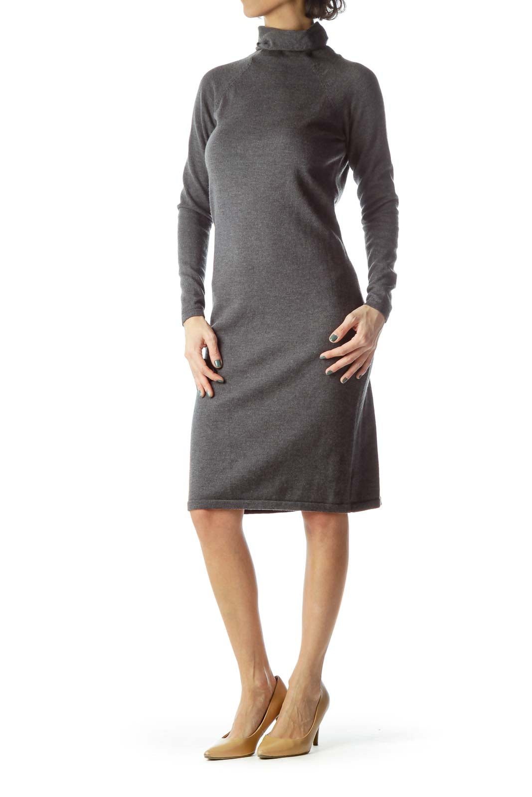 Gray Turtle Neck Long Wool Dress