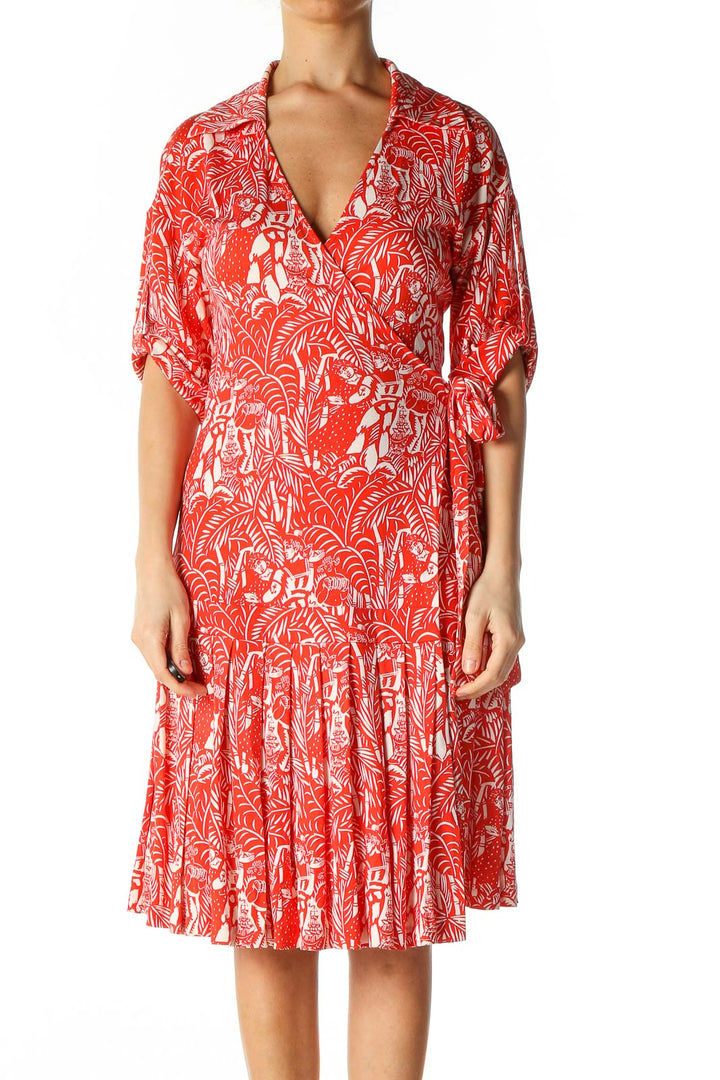 Red White Print 100% Silk Wrap Dress