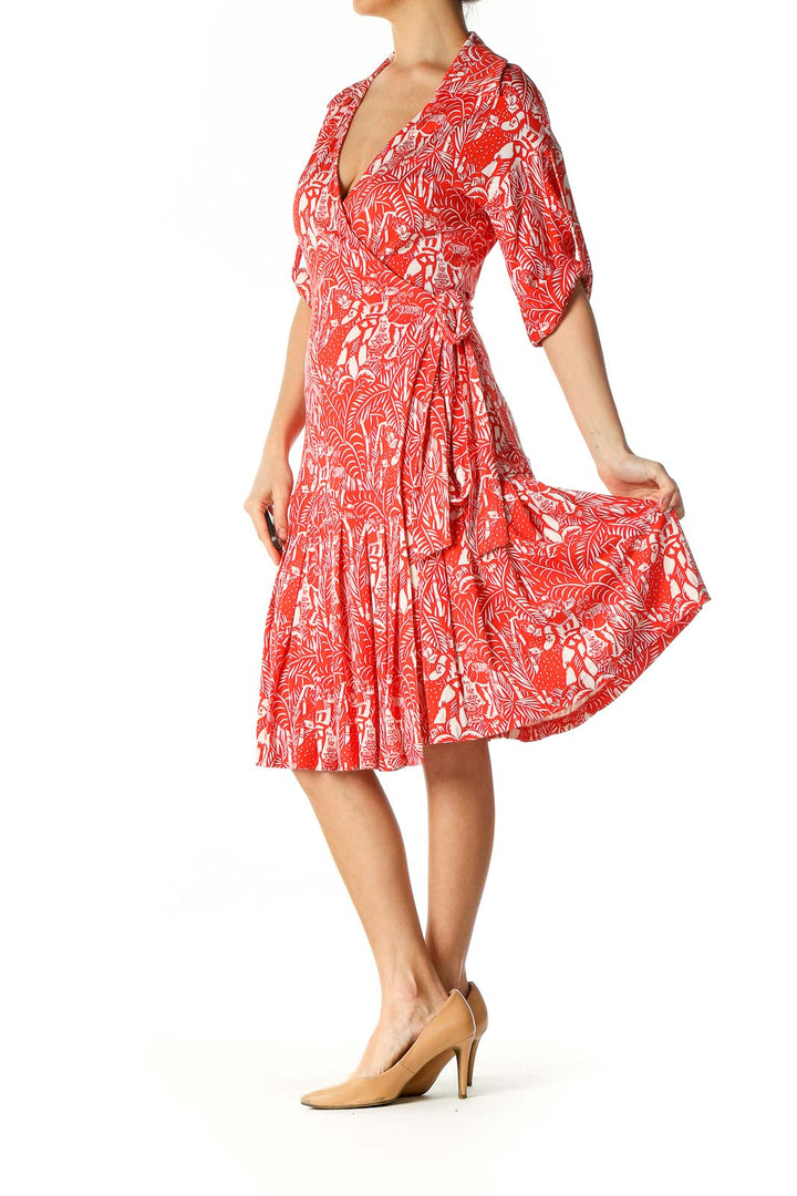 Red White Print 100% Silk Wrap Dress