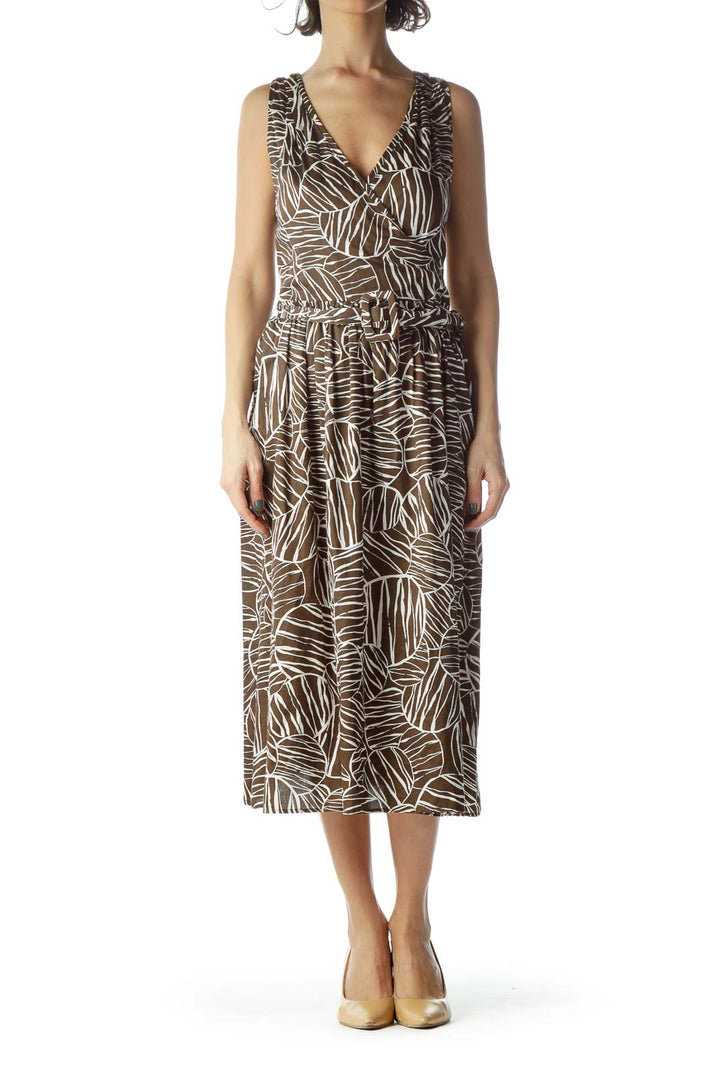 Brown Cream Printed 100% Cotton Belted Dress