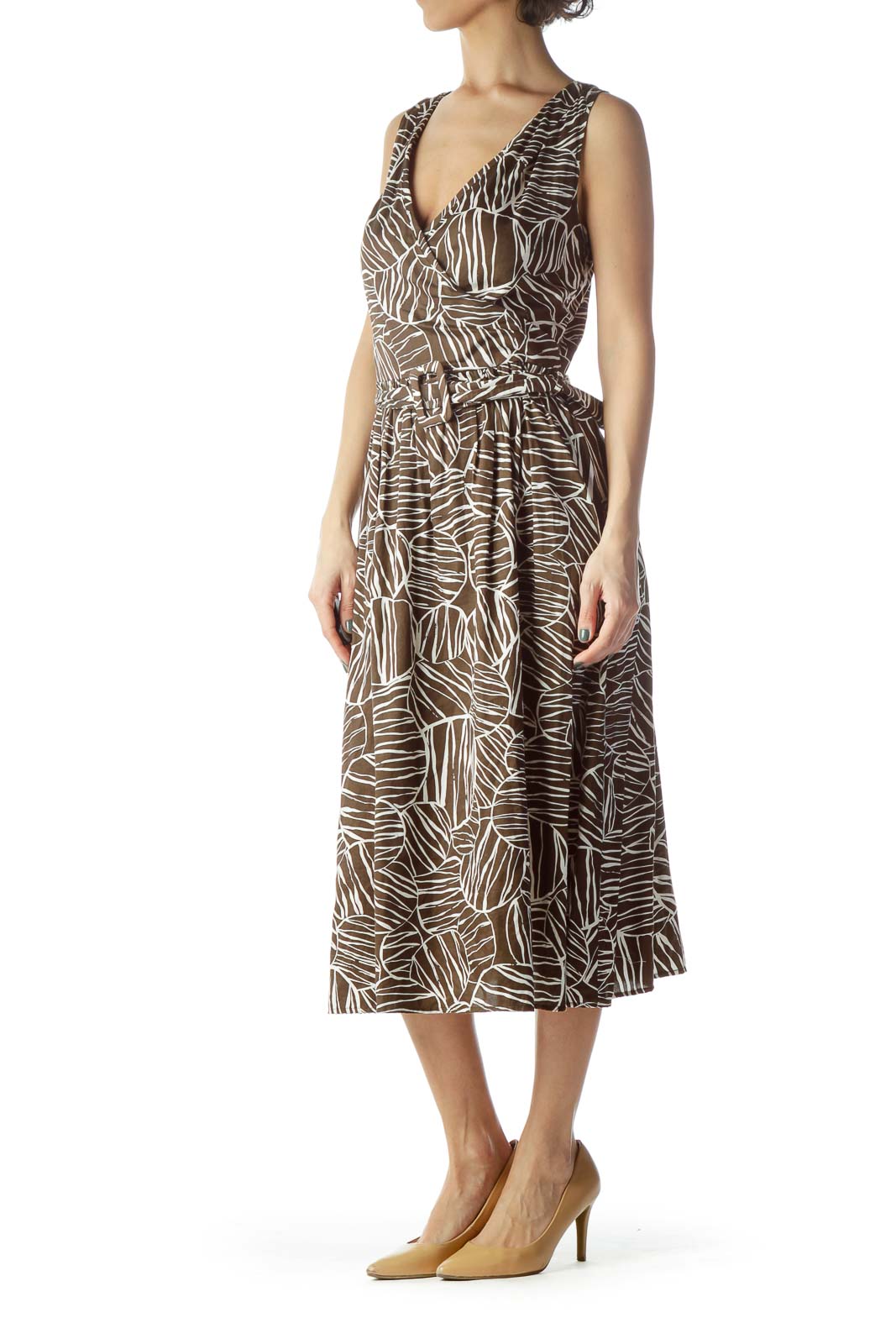 Brown Cream Printed 100% Cotton Belted Dress