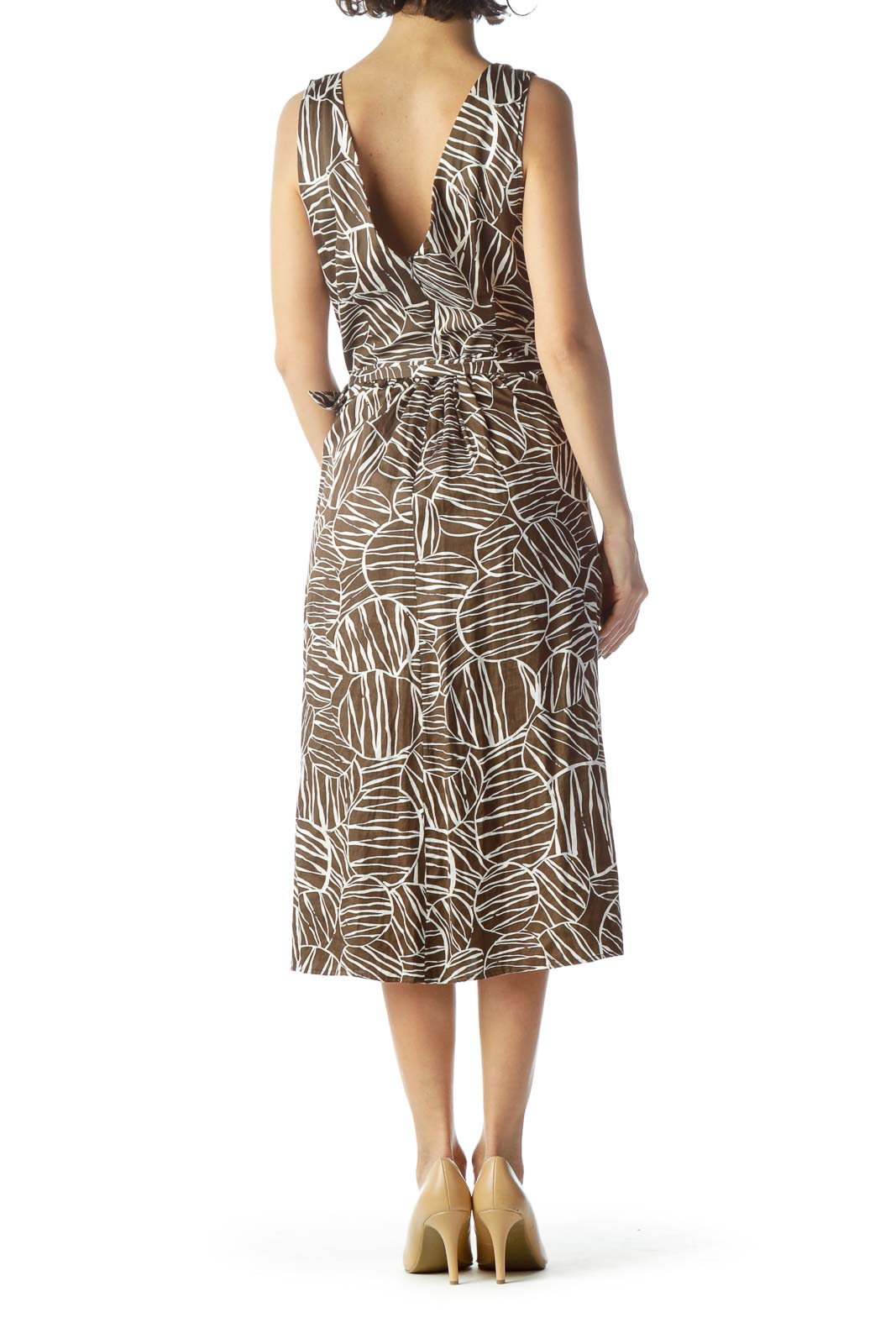 Brown Cream Printed 100% Cotton Belted Dress