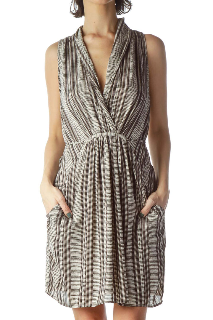 Brown Black Beige Print V-Neck Dress