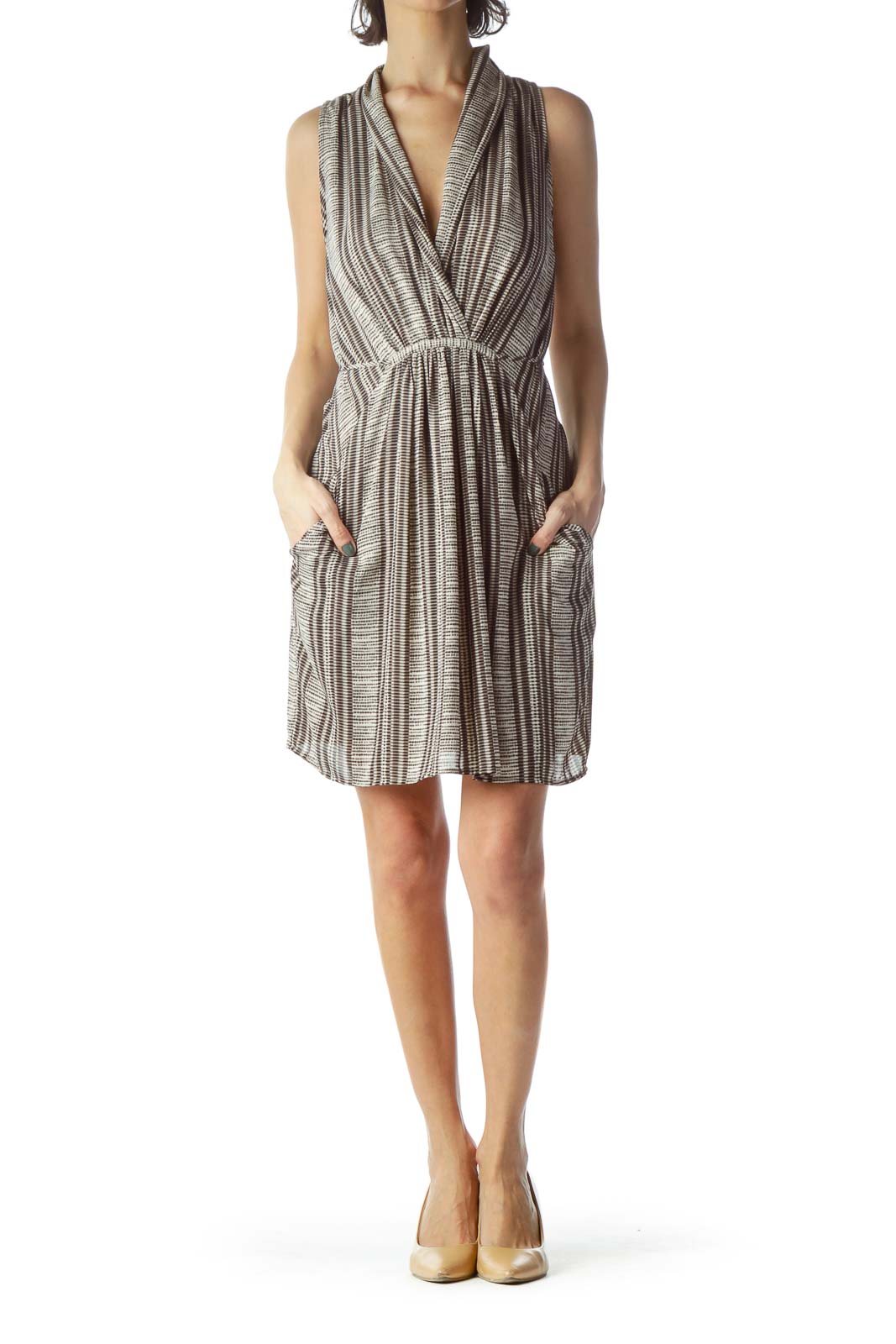 Brown Black Beige Print V-Neck Dress