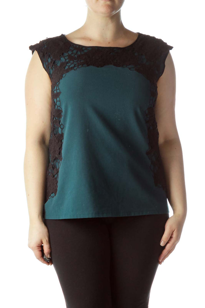 Dark Teal Black Lace Embroidery Blouse