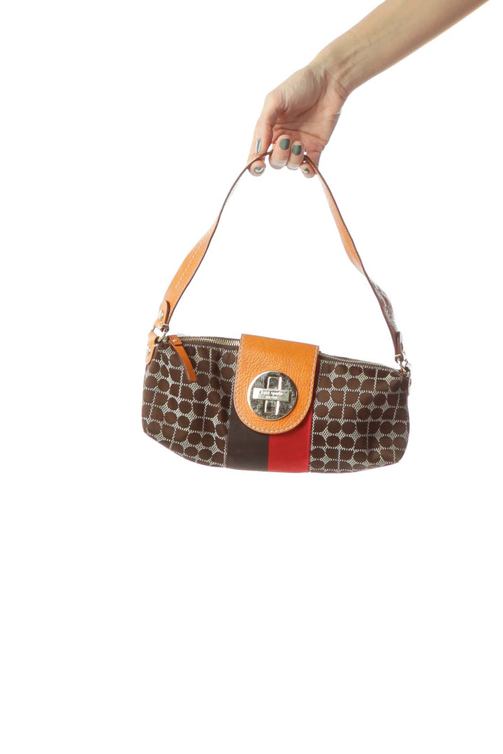 Brown Red Print & Leather Detail Shoulder Bag