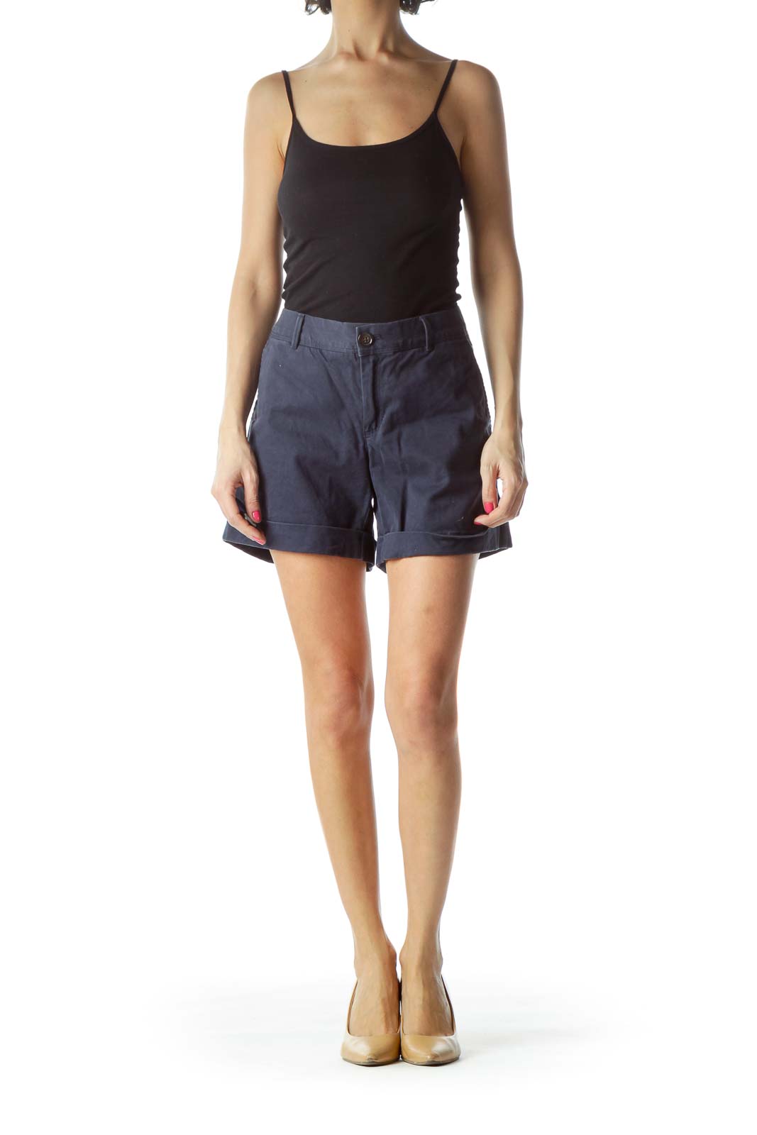 Front view of Banana Republic navy cuffed chino shorts on model