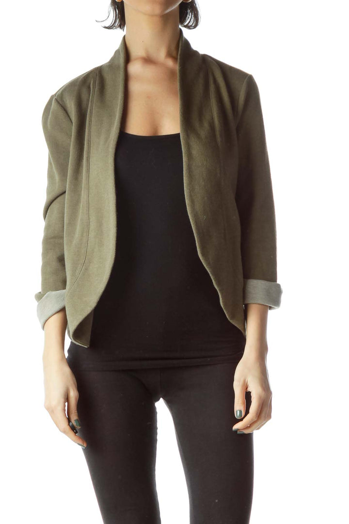 Army Green Knit Rolled-Up Sleeves Cardigan