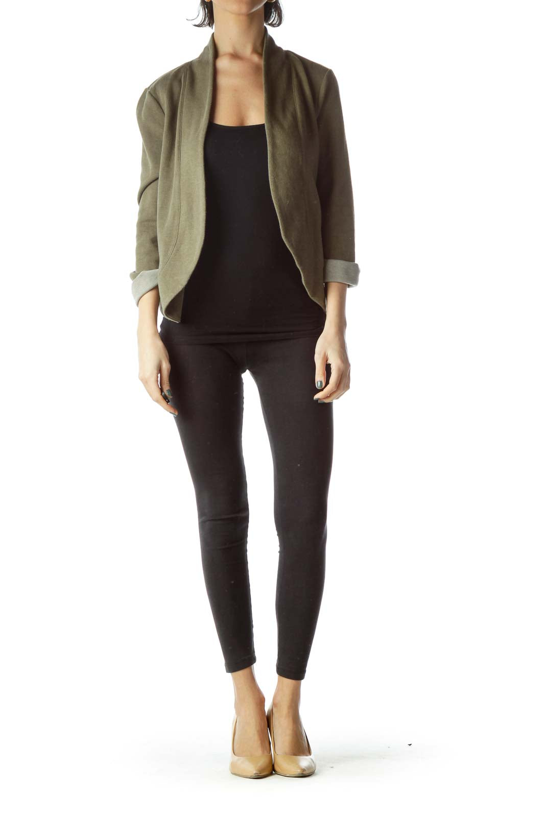 Army Green Knit Rolled-Up Sleeves Cardigan