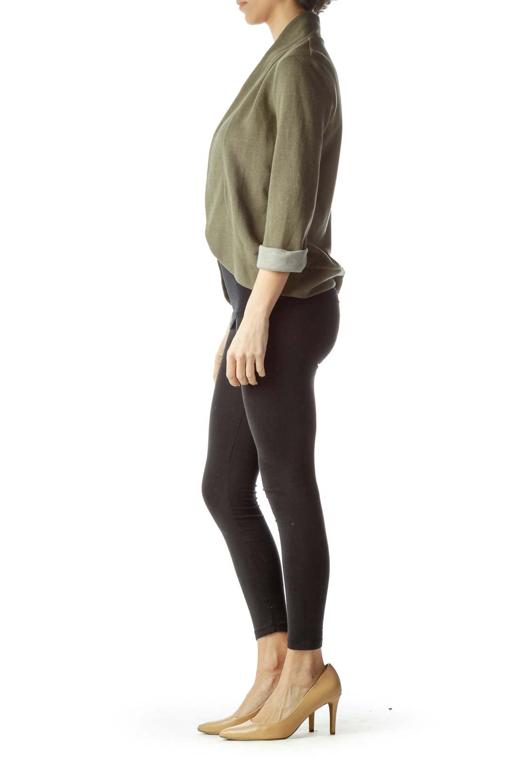 Army Green Knit Rolled-Up Sleeves Cardigan