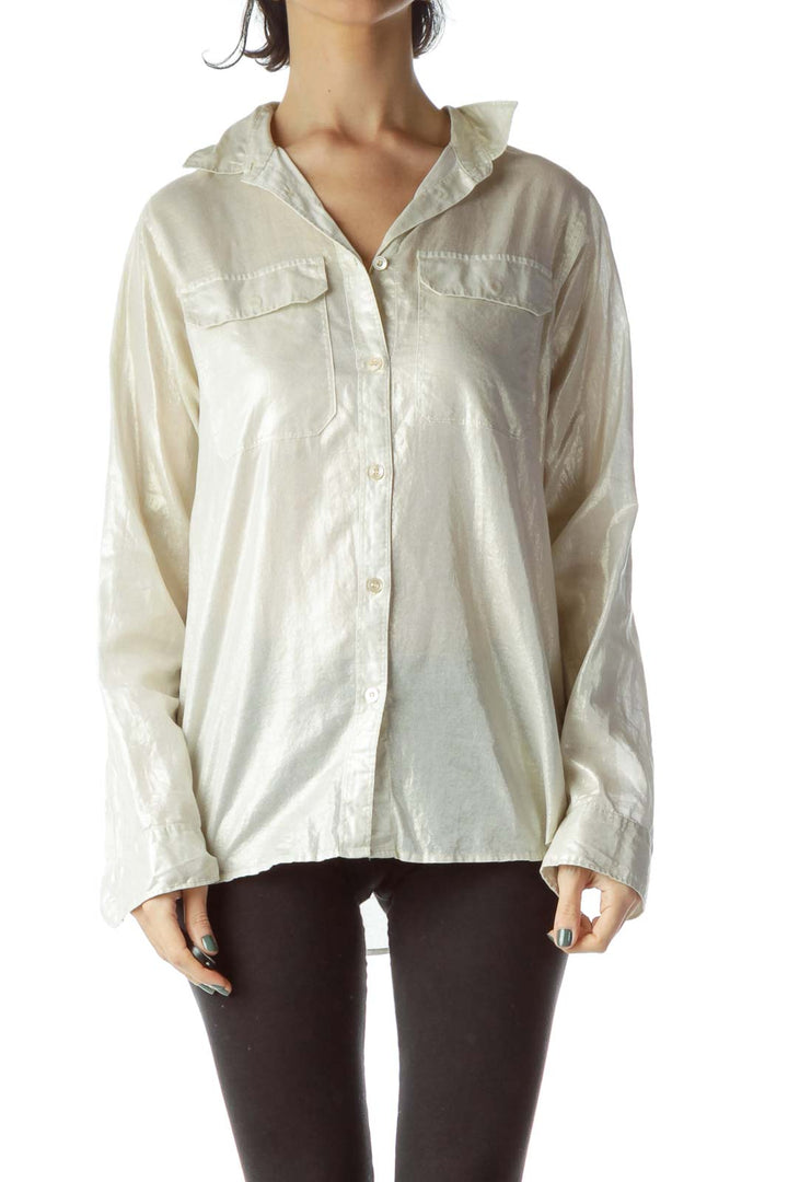 Cream Metallic Pocketed 100% Cotton Shirt