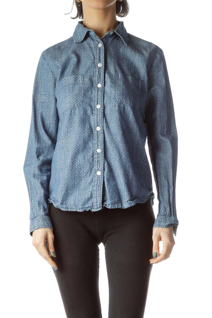 Blue Textured Print 100% Cotton Denim Shirt