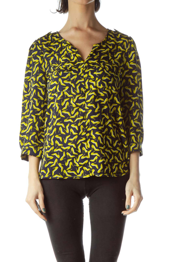 Navy Blue Yellow Heels Print 3/4 Sleeve Blouse