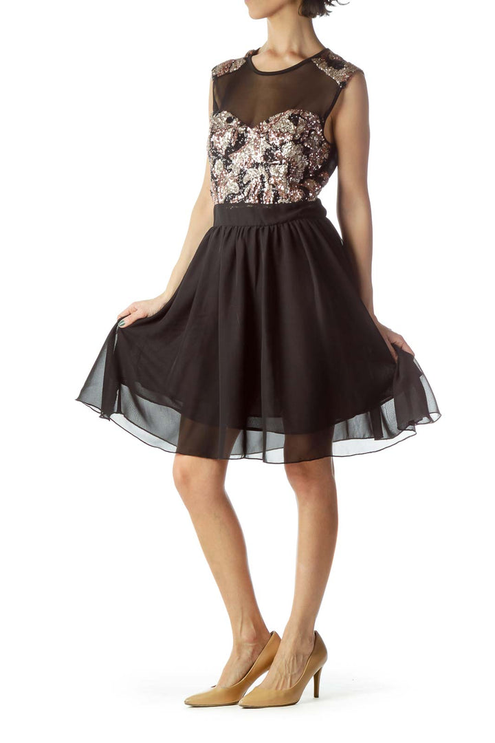 Black Rose Gold Sequined Flared Dress