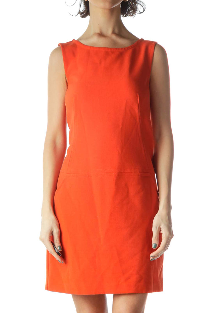 Orange Sleeveless Pocketed Knit Textured Dress