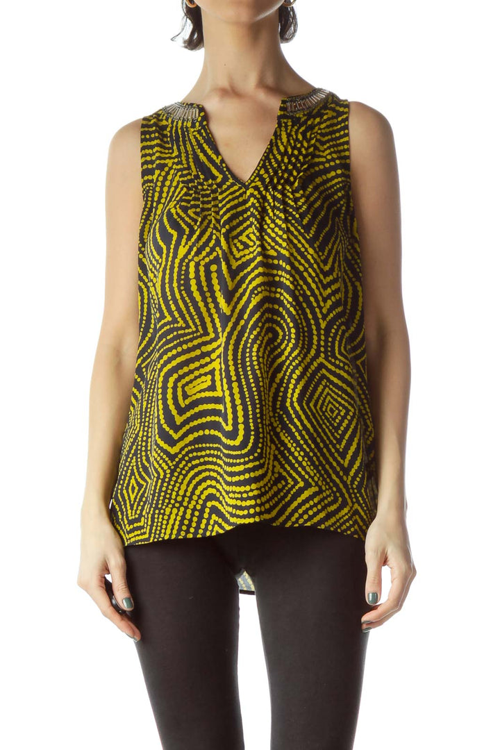 Black Yellow Print Neck Embellished Blouse