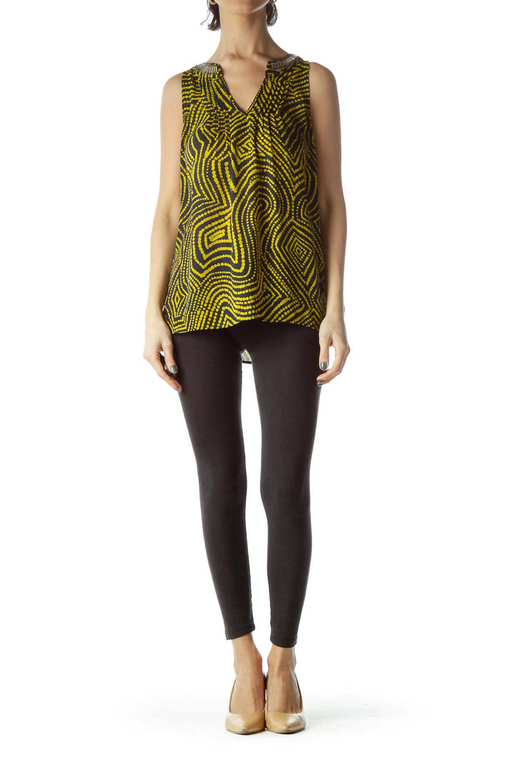 Black Yellow Print Neck Embellished Blouse