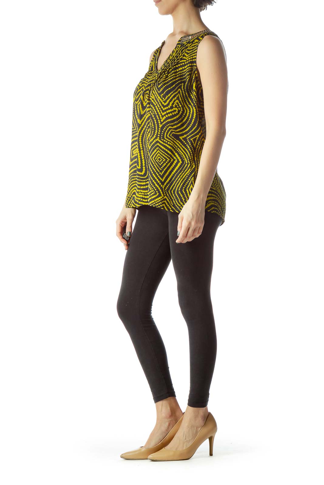 Black Yellow Print Neck Embellished Blouse