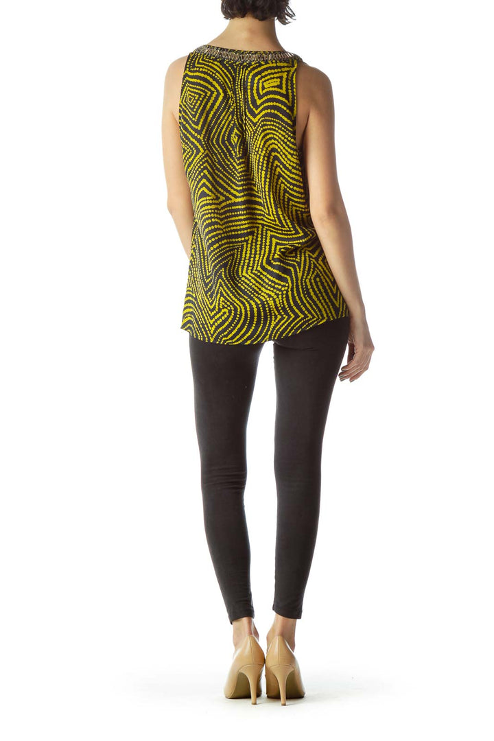 Black Yellow Print Neck Embellished Blouse