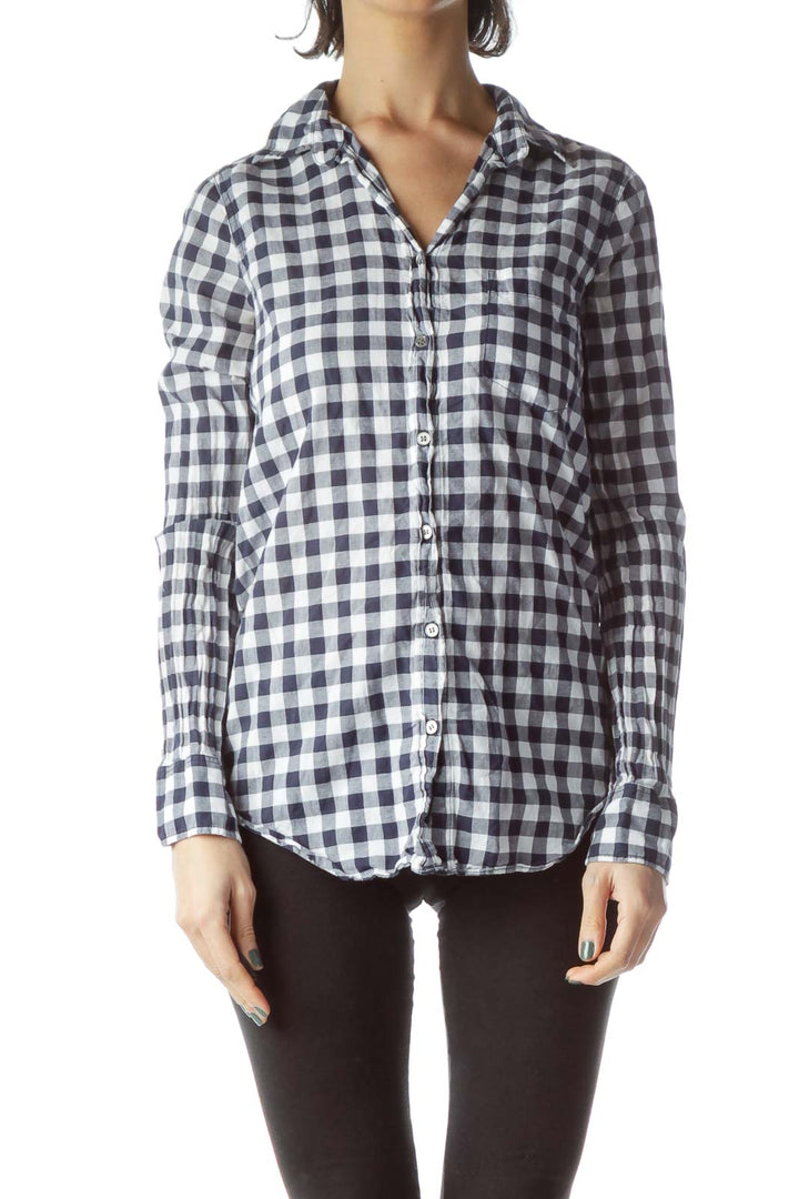 Navy Blue White Checkered 100% Cotton Long Shirt