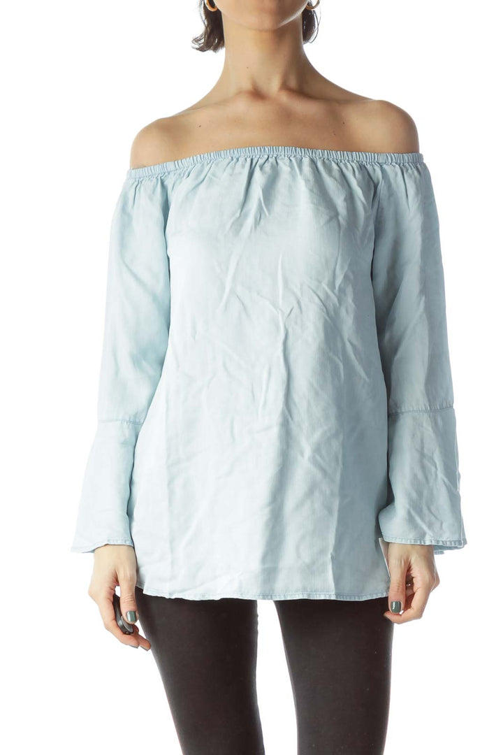 Light Blue Cold Shoulder Flared Blouse