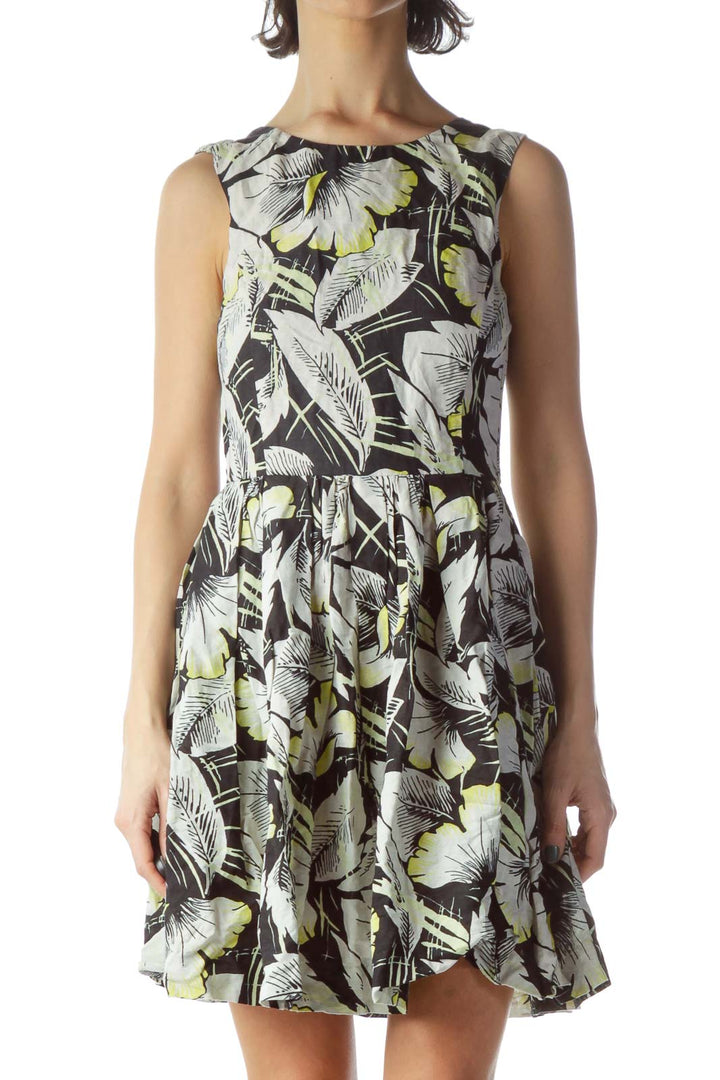 Black Gray Yellow Floral Print Flared Day Dress