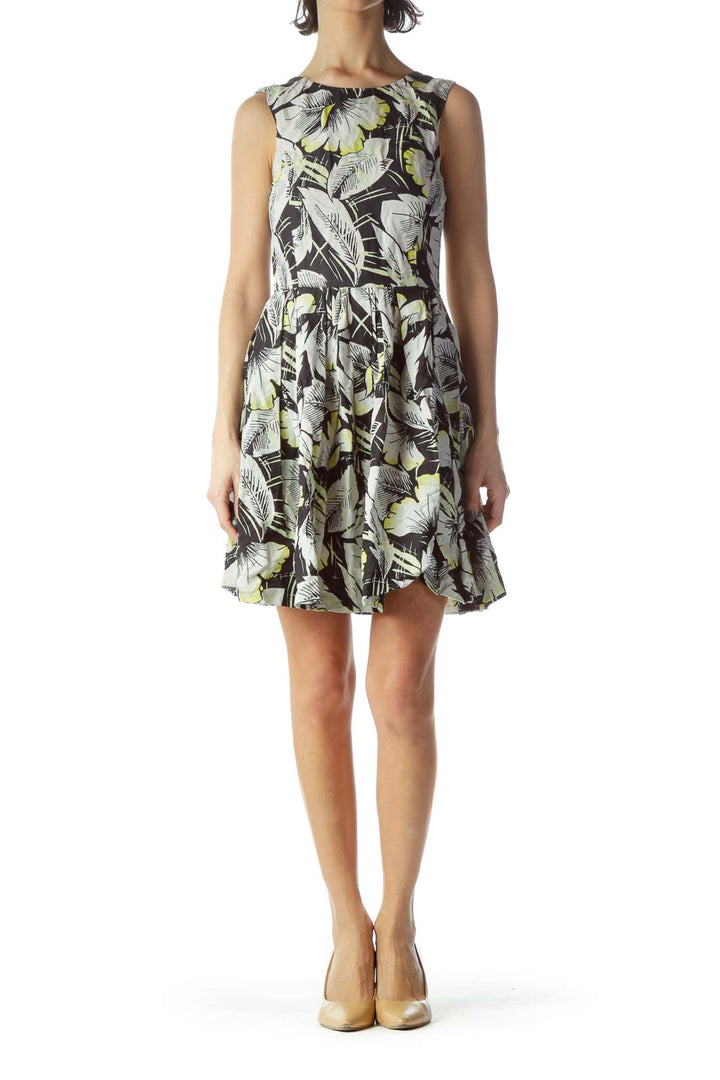 Black Gray Yellow Floral Print Flared Day Dress