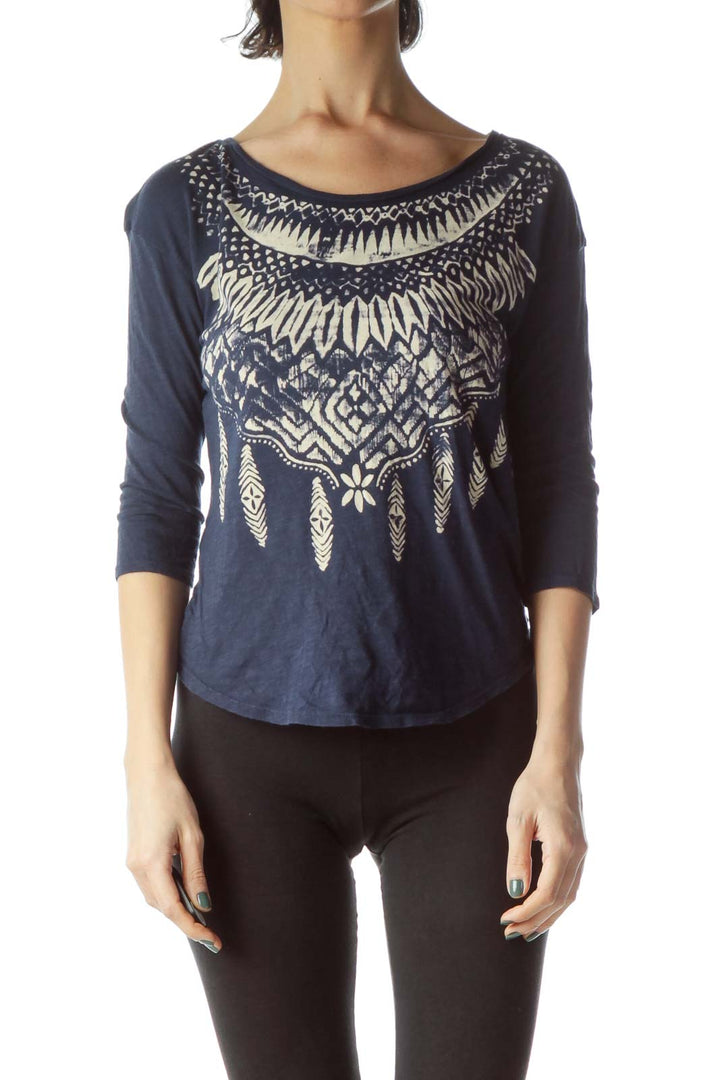 Navy Blue Cream Feather Print Jersey Knit Top