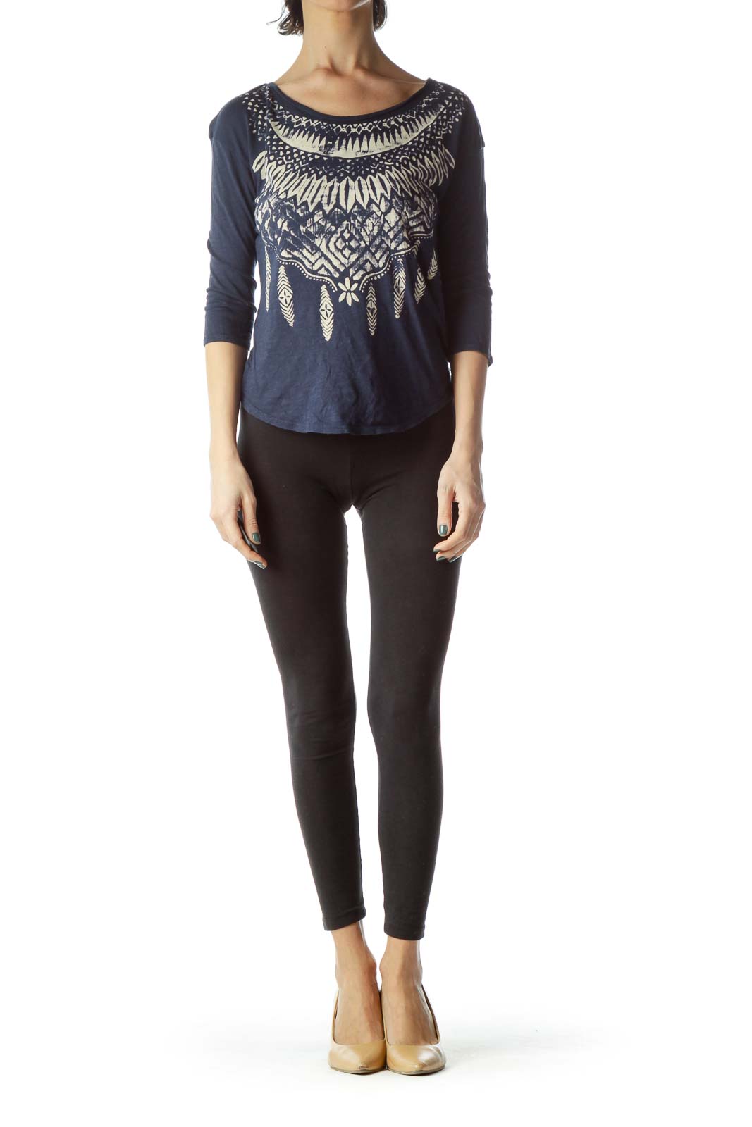 Navy Blue Cream Feather Print Jersey Knit Top