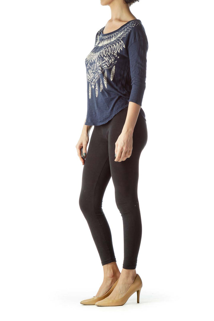 Navy Blue Cream Feather Print Jersey Knit Top