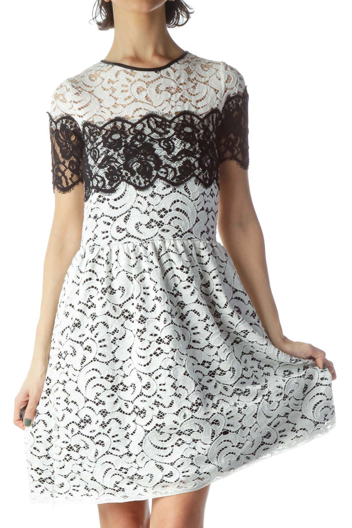 White Black Short Sleeve Lace Day Dress