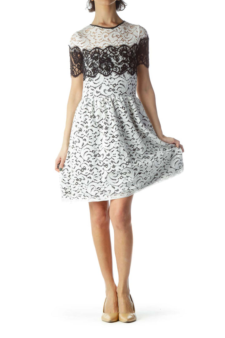 White Black Short Sleeve Lace Day Dress