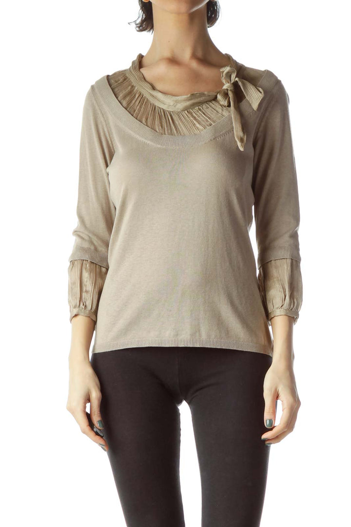 Beige Neck Bow 3/4 Sleeve Knit Top