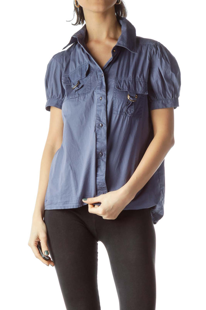 Blue Pocketed Metal Accents Short Sleeve Shirt