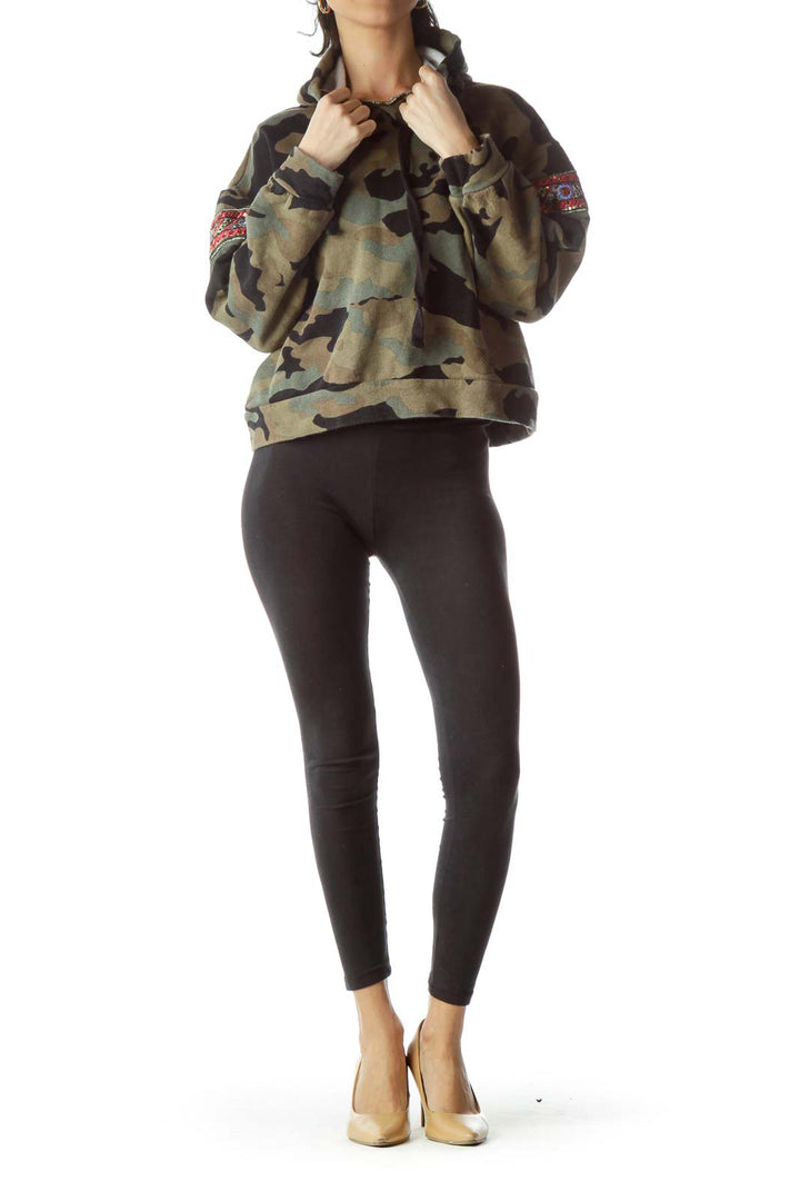 Black Green Camouflage Print Cropped Sweatshirt