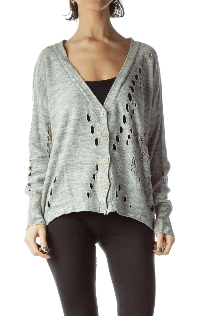 Gray Green V-Neck Distressed Short Cardigan