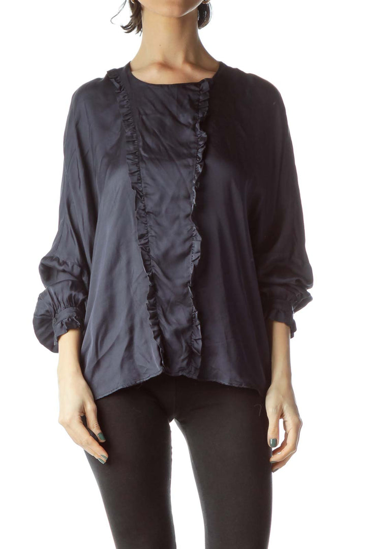 Navy Blue Round Neck Ruffled Blouse