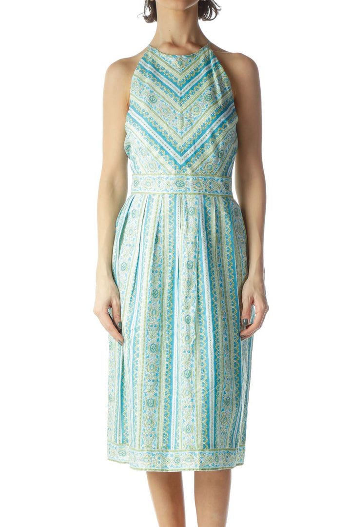 Light Blue Green High Neck Pleated Dress