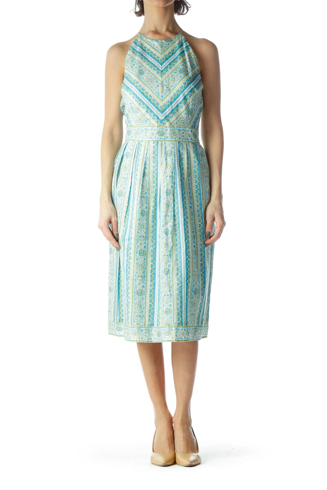 Light Blue Green High Neck Pleated Dress