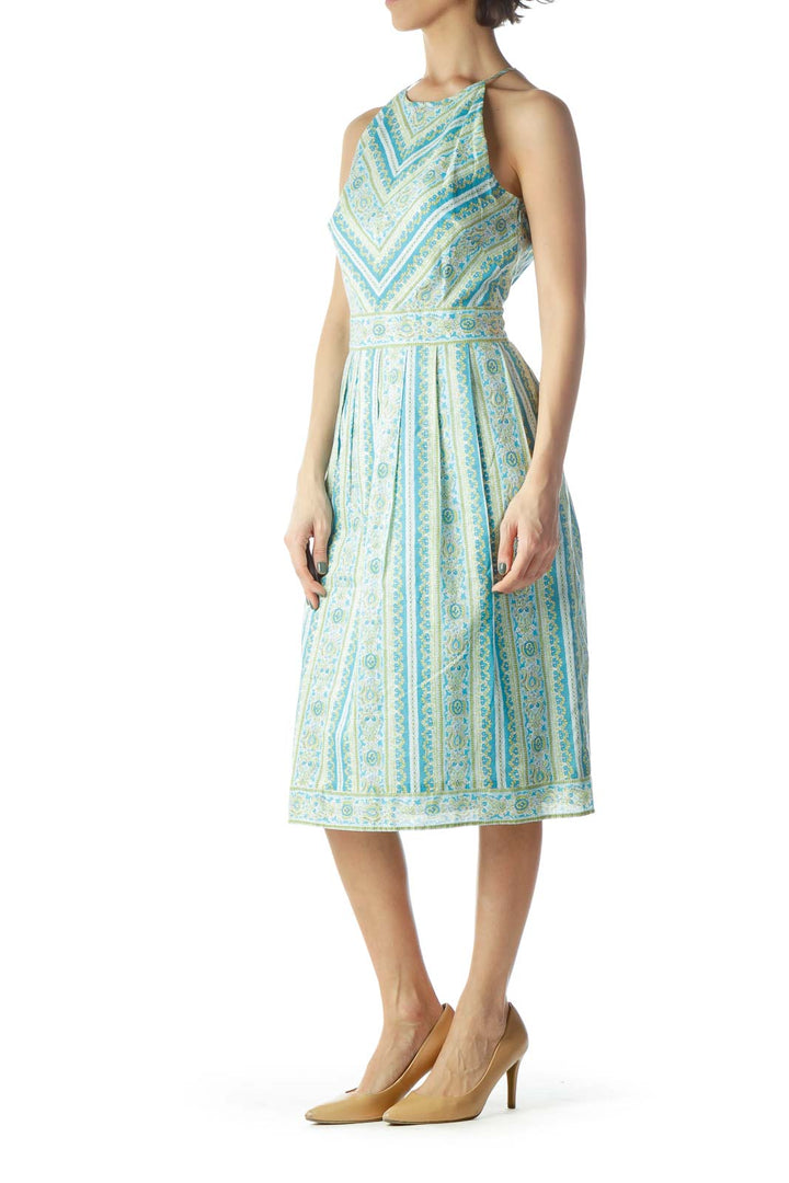 Light Blue Green High Neck Pleated Dress