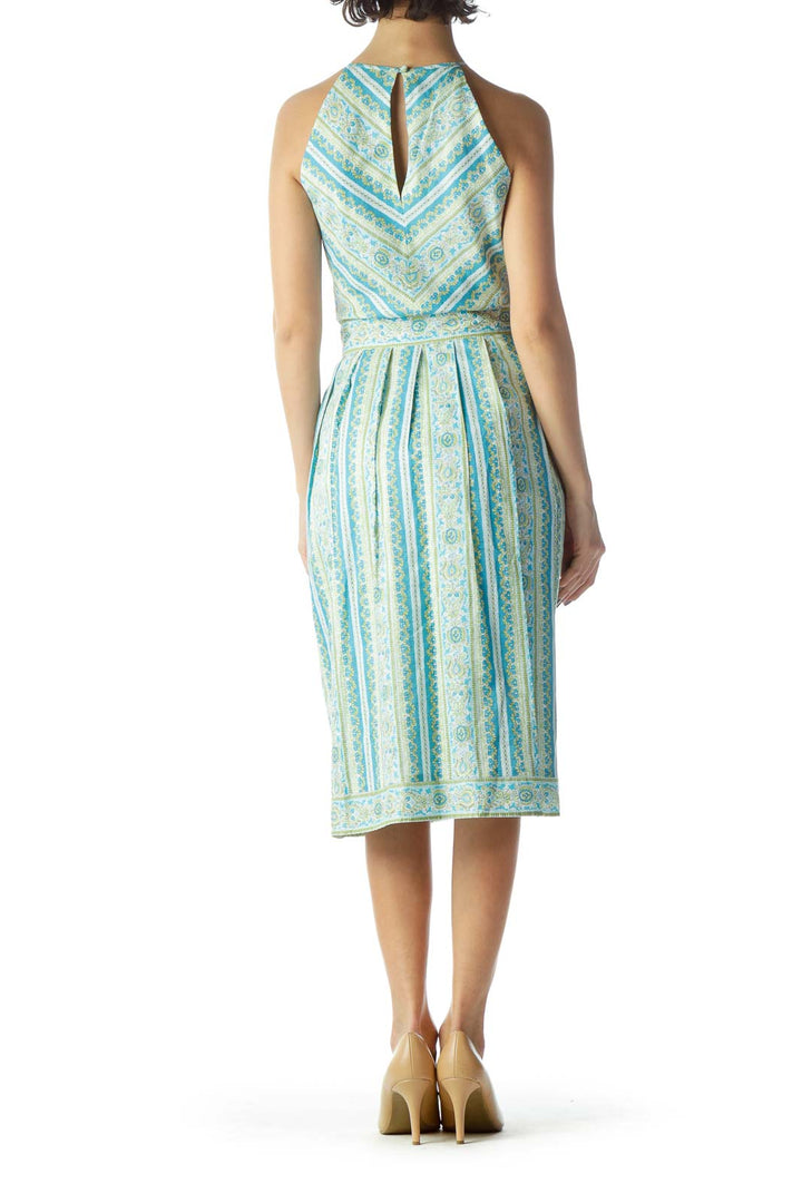 Light Blue Green High Neck Pleated Dress