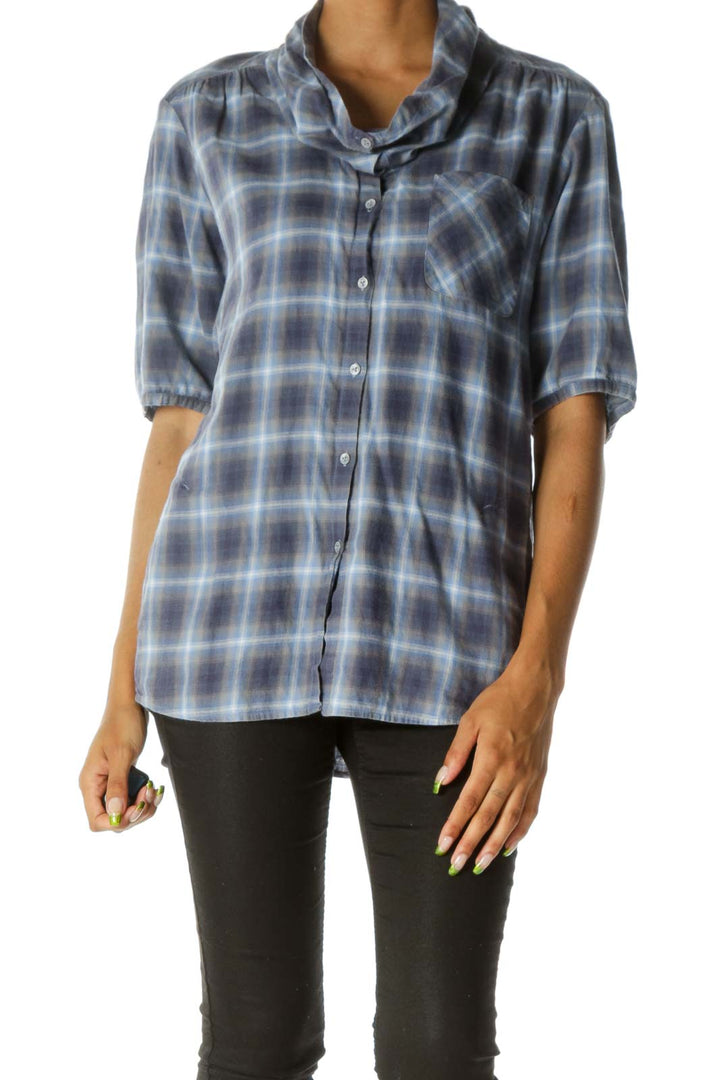 Blue Gray Plaid 100% Cotton Long 3/4 Sleeve Shirt